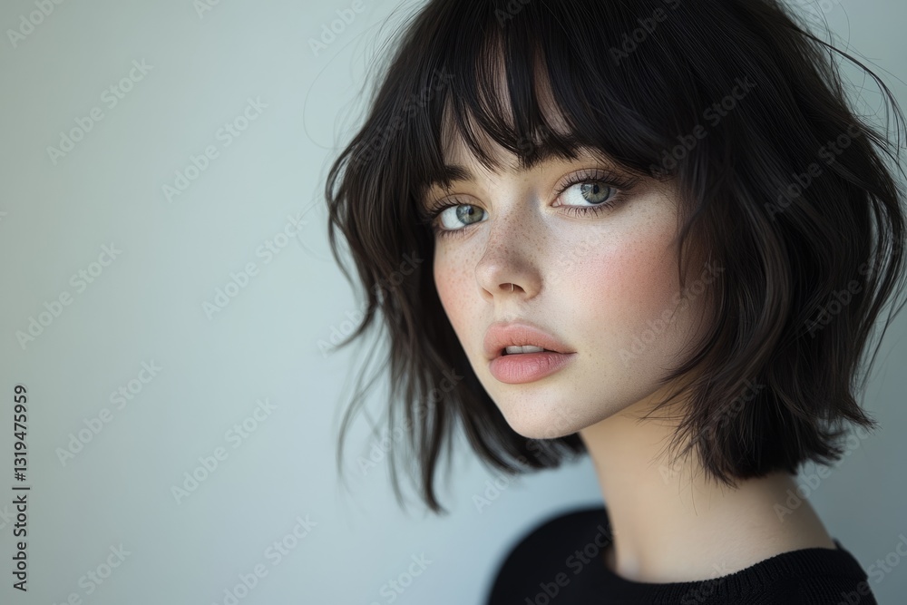 Studio portrait of a beautiful young woman with freckles, showcasing a trendy bob haircut with bangs Studio portrait of a beautiful young woman with freckles, showcasing a trendy bob haircut with bangs