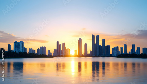 City skyline at sunset over tranquil water