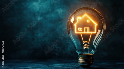 Lit house outline glows inside a lightbulb on textured navy surface. Concept image