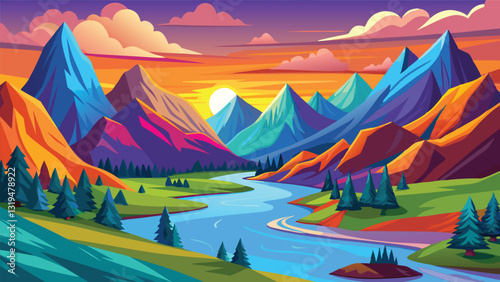 Vibrant Sunset Landscape Colorful Mountains River Valley Scenic Nature Illustration