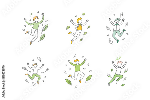 a set of a jumping person in one continuous line with leaves flowing behind