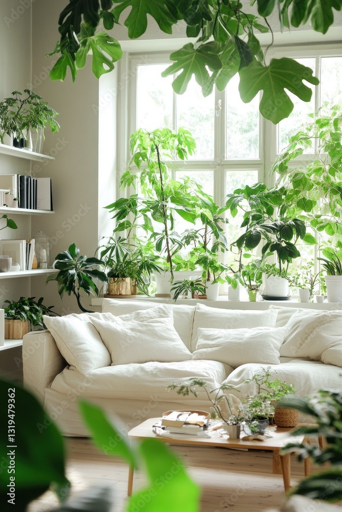 Obraz premium Bright living room with comfy sofa and abundant indoor plants.