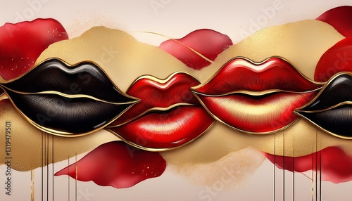 Bold watercolor design featuring puckered lips in gold, black, and deep red, an expressive fashion or beauty theme.