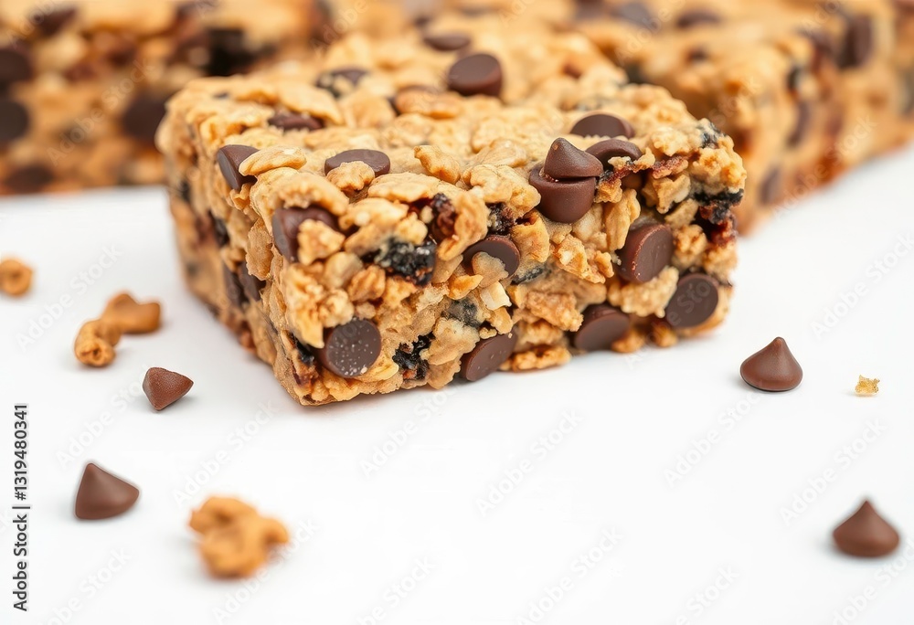 Close-up of chocolate chip granola bar on white, marketing, studio shot Close-up of chocolate chip granola bar on white, marketing, studio shot