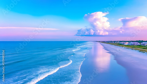 Coastal paradise at sunrise.  A serene beach scene with vibrant colors reflecting in the water photo