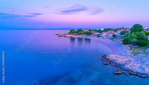 Coastal village at twilight, vibrant colors