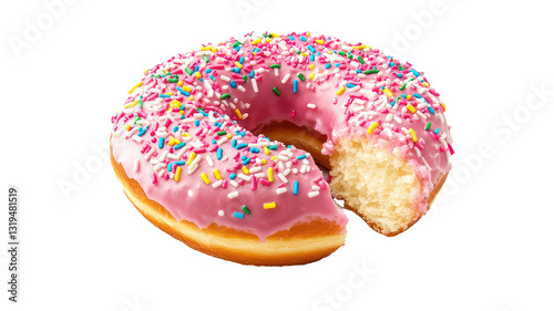 baked donut with pink frosting and colorful sprinkles isolated on transparent background, top view