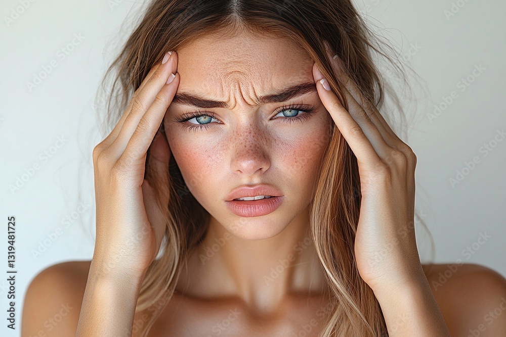 Fototapeta premium Young woman with long hair showing signs of stress, holding her head in frustration