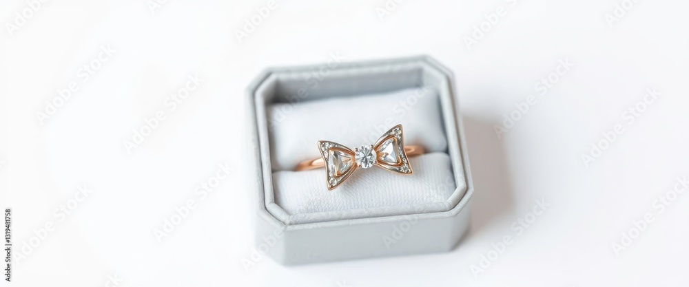 Delicate diamond bow ring nestled in a sleek ring box, isolated on white, luxury, gold Delicate diamond bow ring nestled in a sleek ring box, isolated on white, luxury, gold
