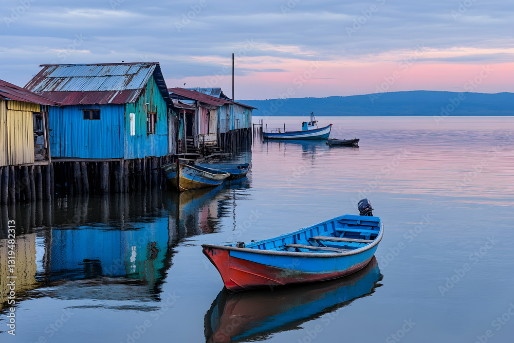 Colorful waterfront houses on stilts, serene lake scene at dawn Colorful waterfront houses on stilts, serene lake scene at dawn