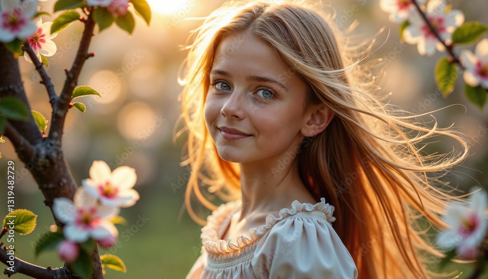Fototapeta premium Young girl with gentle expression standing amidst blooming flowers in golden light