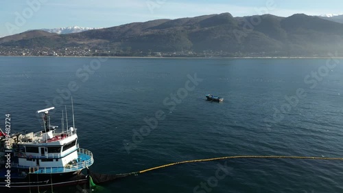 fishing vessels fishing in the Black Sea bird's-eye view, aerial photography