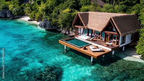 Wallpaper Mural High-End, Serene,Breathtaking concept Stunning beachfront villa with a pool surrounded by clear turquoise waters and lush greenery. Torontodigital.ca