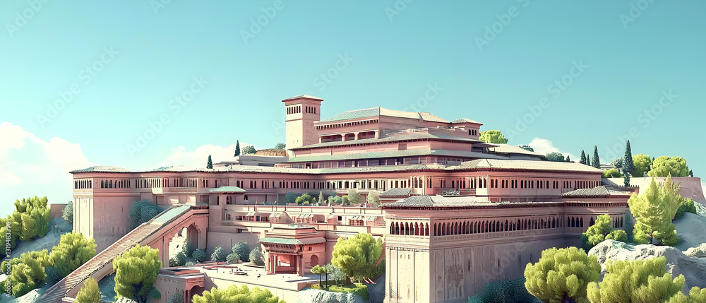 Fototapeta premium Majestic Pink Castle Perched On A Hilltop Under A Clear Blue Sky With Lush Green Vegetation And Stone Architecture