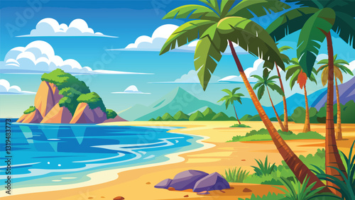 Idyllic Tropical Beach Scene Palm Trees Ocean Sandy Shore A picturesque summer vacation paradise