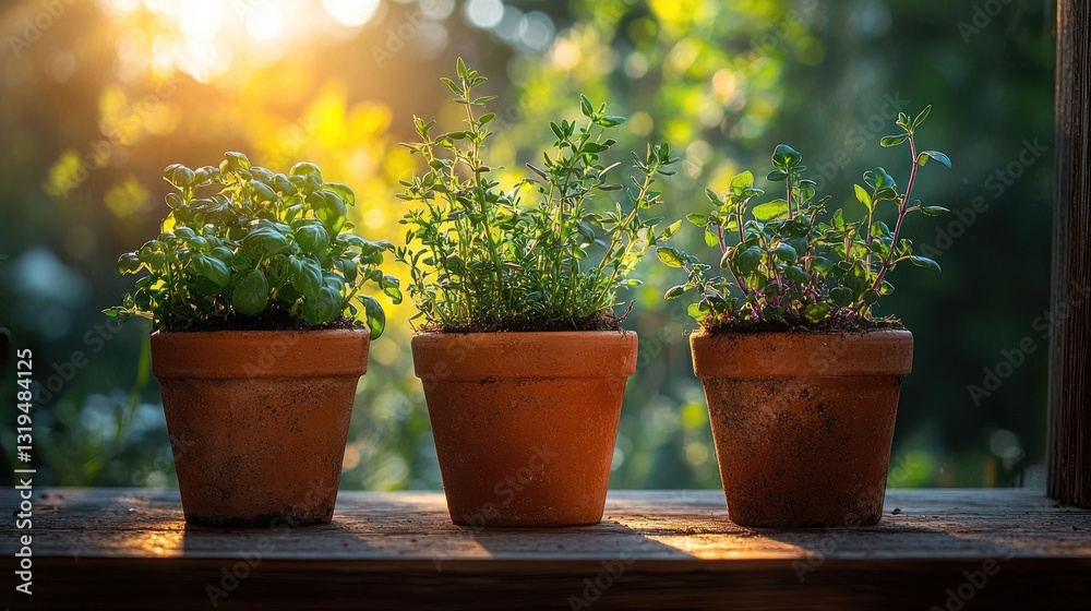 Potted herbs in sunlight