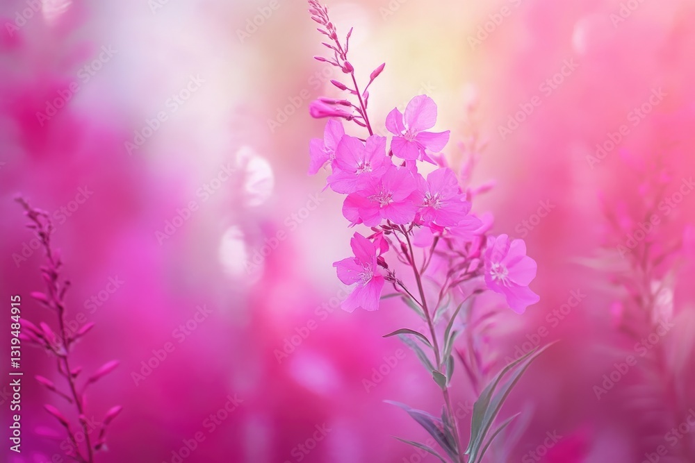 Obraz premium Wandering Through Fireweed Fields: A Summer Landscape in Alaska's Majestic Mountains