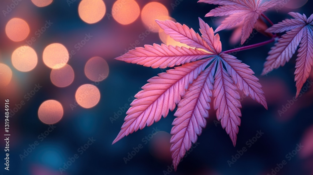 Vibrant pink cannabis leaf against bokeh lights Vibrant pink cannabis leaf against bokeh lights