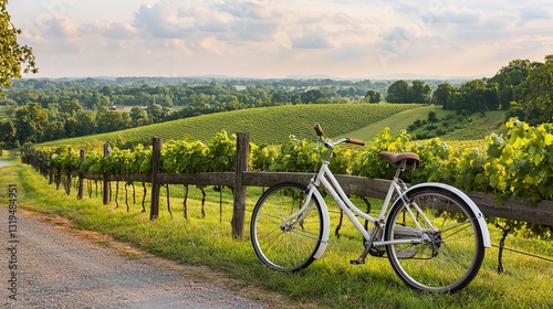 Bicycle resting against fence vineyard landscape photography scenic view tranquil setting