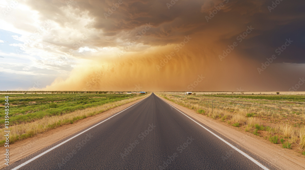 Fototapeta premium Dramatic dust storm approaching over deserted road in rural landscape