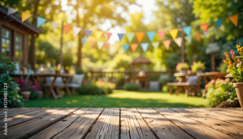 Outdoor garden party scene, wooden deck foreground