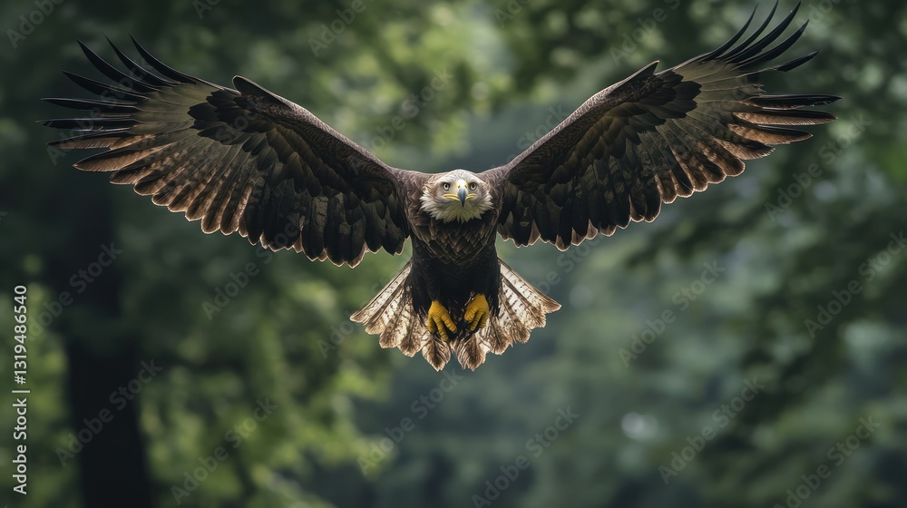 Obraz premium Golden Eagle soars majestically amidst green forest trees, wings outstretched, focused gaze, nature backdrop