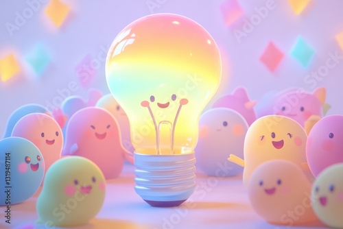 A happy lightbulb surrounded by cute, pastel-colored characters, radiating joy and creativity.