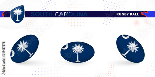 Rugby ball set with the flag of South Carolina in various angles on abstract background.