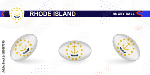 Rugby ball set with the flag of Rhode Island in various angles on abstract background.