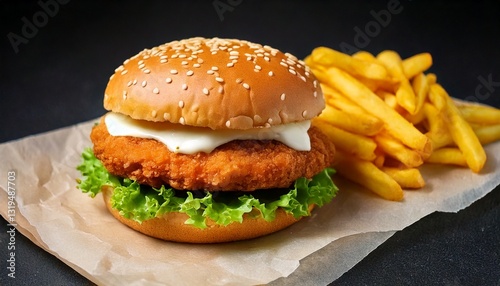 Obraz na płótnie chicken burger with lettuce and mayo, french fries w salonie