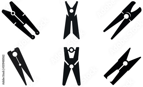 Six Simple Black Clothespins Icons on a White Background