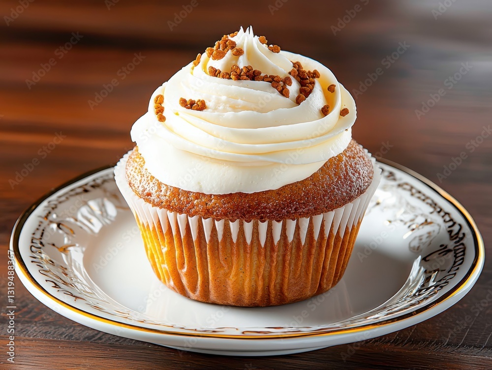 Delicious selfcontained cupcake on a decorative plate in warm light emphasizing frosting swirls and sprinkles front angle view for food photography Delicious selfcontained cupcake on a decorative plate in warm light emphasizing frosting swirls and sprinkles front angle view for food photography