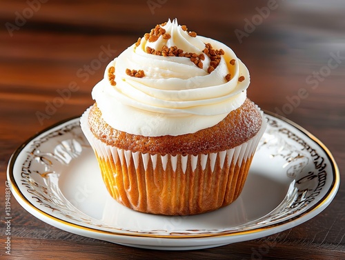 Delicious selfcontained cupcake on a decorative plate in warm light emphasizing frosting swirls and sprinkles front angle view for food photography photo