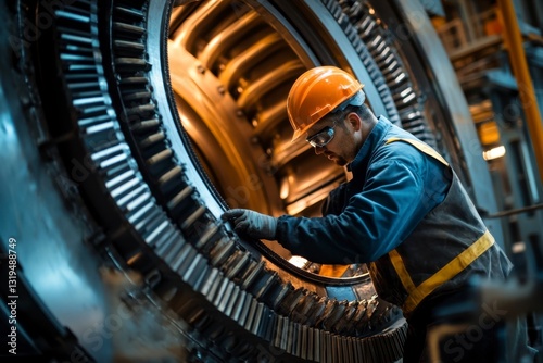 Skilled industrial worker inspects a large turbine engine inside factory