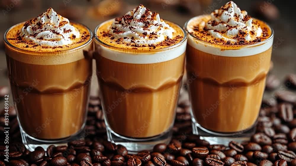 Three Delicious Coffee Drinks with Whipped Cream and Cocoa