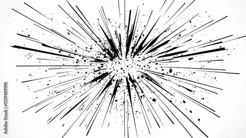 Abstract black burst, energy, explosion, white background, motion design