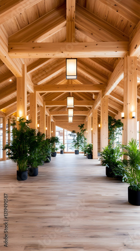Long wooden hallway with potted plants and pendant lights  Light wood floors and ceiling