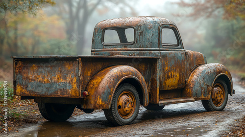 A heavy truck on a dirt road in sepia, captured with an emphasis on the rustic details of the body photo