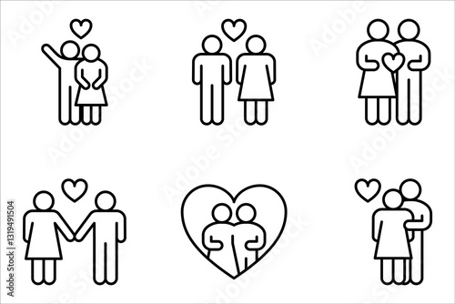 Man and woman icon set, Wedding ceremony, Bride and groom line black vector illustration on white background