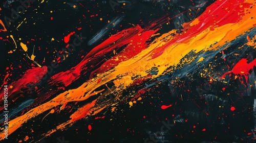 Dynamic abstract art with bold red and yellow streaks on dark canvas