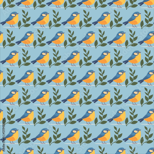 seamless floral pattern with blue yellow bird,pattern with cute titmouse on blue background
