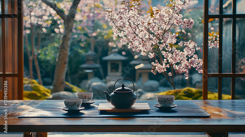 Japanese tea garden, tranquil atmosphere, traditional setting, harmony with nature, tea culture, seasonal beauty, mindfulness practice, wooden table, cultural heritage, serene landscape, scenic retrea