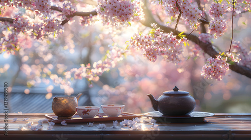 Japanese tea ceremony, traditional tea, sakura season, Zen culture, mindfulness, peaceful moment, floral scenery, Japanese aesthetics, matcha tea, tea house, elegant simplicity, nature harmony, tea tr