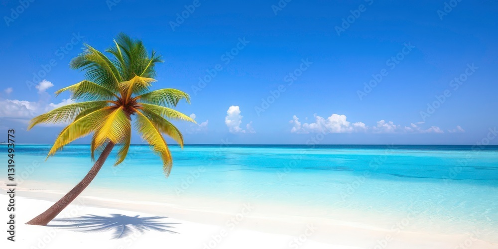 Lone palm tree leaning over a pristine, white sand beach, turquoise water visible, sea, peaceful Lone palm tree leaning over a pristine, white sand beach, turquoise water visible, sea, peaceful