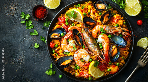 paella, Spanish cuisine, seafood dish, Mediterranean food, delicious meal, gourmet dish, vibrant food, fresh ingredients, shrimp, mussels, rice dish, food photography, traditional cuisine, cultural di