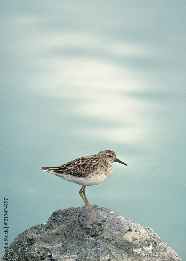 Lone wild sharp-tailed sandpiper (Calidris acuminata) standing on a rock with gentle water texture background, Australia Lone wild sharp-tailed sandpiper (Calidris acuminata) standing on a rock with gentle water texture background, Australia