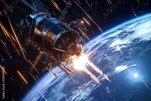 Satellite entering earth's atmosphere with fiery re-entry