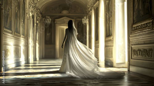 ghostly figure, mysterious woman, flowing dress, supernatural presence, haunted mansion, elegant hall, eerie beauty, gothic aesthetic, shadowy hallway, Victorian architecture, spectral being, mystical