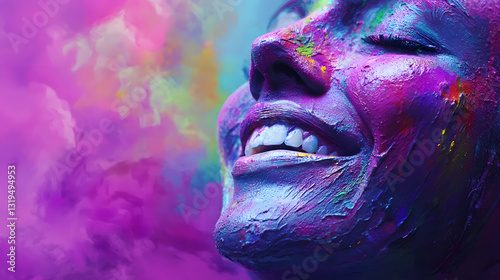 colorful face, Holi festival, vibrant colors, happy expression, joyful moment, close-up portrait, festival celebration, artistic photography, cultural festival, neon colors, creative makeup, abstract 