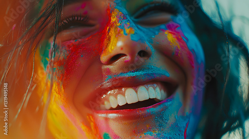 colorful face, Holi festival, vibrant colors, happy expression, joyful moment, close-up portrait, festival celebration, artistic photography, cultural festival, neon colors, creative makeup, abstract 